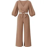 WENOR Crop-Top Set Damen Musselin-Zweiteiler mit Hose, Wickel-Top & V-Ausschnitt (2-tlg., Zweiteiliges Set) Bindeband vorn, Raffdetails an Schultern