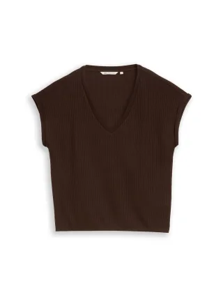 Denim Tom Tailor - Loose Fit T-Shirt mit V-Ausschnitt cool dark brown - Gr. - M