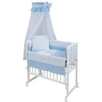 Baby-Delux Beistellbett Babybett Musselin Teddy Mond Blau, Stillbett 90x40 weiß höhenverstellbar, Matratze inkl. komplett Set