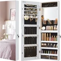 SONGMICS Schmuckschrank Spiegelschrank, Wandmontage, Organizer mit LED-Lichtern, abschließbar mit rahmenlosem Spiegel, integrierter Schminkspiegel, 2 Schubladen
