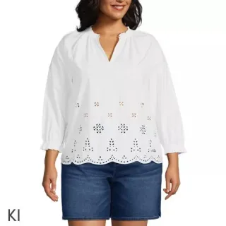 Bluse mit Lochmuster und geschlitztem Ausschnitt für Damen in Plus-Größe, Damen, size: plus, Weiß, Baumwolle, by Lands' End