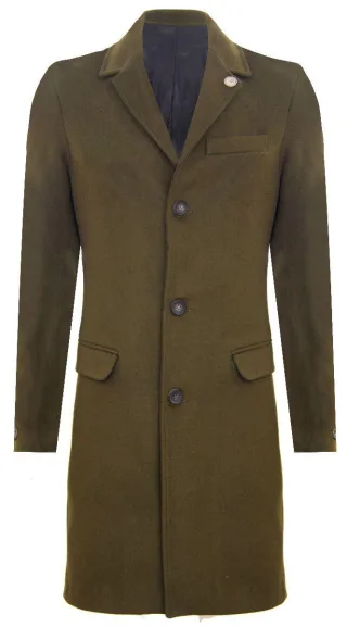 Langer Slim-Fit-Mantel aus olivgrüner Wolle für Herren