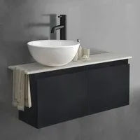 Alpenberger Badmöbel-Set mit Aufsatzwaschbecken Waschtisch mit Unterschrank & Keramikplatte, (Waschbeckenunterschrank hängend, Waschtischunterschrank mit Softclose Funktion), Badschrank Schwarz Matt, Waschtisch mit Doppelschrank