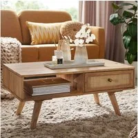 FINEBUY Couchtisch FB60940 90cm Massiv Rattan Wohnzimmertisch eckig Ablage Schublade (90x40x45 cm Mango Massivholz / Rattan Rechteckig), Sofatisch Rechteckig, Wohnzimmertisch Schublade