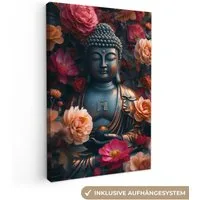 OneMillionCanvasses® Leinwandbild Buddha - Blumen - Bild - Kunst, Fotodruck (1 St), Leinwand Canvas Wandbild, Wanddekoration 20x30 cm