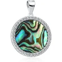 Materia Runder Anhänger Damen Perlmutt Abalone Grün Blau Zirkonia KA-456, Fassung aus 925 Sterling Silber, rhodiniert