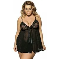 Lau-Fashion Babydollkleid Damen Dessous Schwarz Spitze Mini Reizwäsche Babydoll Strapse XL/XXL