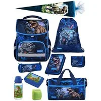 Familando Schulranzen Basic Plus 1.-4. Klasse ergonomisch, leicht, Volumen 15 Liter (Set, 10-tlg., inkl. Sporttasche und Schultüte / Zuckertüte 85cm), Dino T-Rex Dinosaurier Motiv