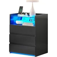 MSMASK Nachttisch mit LED-Beleuchtung und Steckdosen, 3 Schubladen, 45x35x61cm (1-St), Nachtschrank mit Sichtbarer Glastischplatte