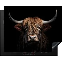 MuchoWow Herd-Abdeckplatte Schottischer Highlander - Porträt - Schwarz - Tier, Vinyl, (1 tlg), Herdabdeckplatten für Ceranfeld, Induktionsschutz, 65x55 cm