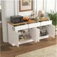 REDOM Sideboard 160x76,5x37 cm Verstellbare Einlegeböden, geräumige Arbeitsfläche (Packung, 1 St., 160 cm Kücheninsel in Weiß mit Holzplatte, 3 Schubladen), Stilvolles Sideboard für Küche, Esszimmer & Wohnbereich