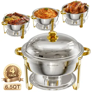WARMOUNTS 6.5QT Chafing Dishes for Buffet 2/4/6 Pack Stainless Steel Round Chafing Dish Set with Lid Holder Rolled Rim P