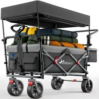 TRESKO Bollerwagen TRESKO Faltbarer Bollerwagen Handwagen (Feststellbremsen (Vorne & Hinten) und 3-Punkt-Gurt, max. belastbar bis 150kg Transportwagen mit Vollgummireifen), Faltbar mit Dach, Kühlfach & Seitenrollos Handwagen