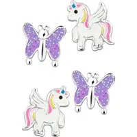 Limana Ohrstecker-Set 925 Silber Einhorn Pferde Schmetterling Kinderohrringe Kinderschmuck, Glitzer