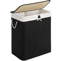 SONGMICS Wäschekorb 2 Fächer, 100 L Wäschesammler, faltbar, Waschküche, 52 x 32 x 61 cm, mit Deckel, Wäschebox Bambus, Wäschesack herausnehmbar, schwarz