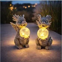 GLOBO LIGHTING LED Dekofigur, LED-Leuchtmittel fest verbaut, Warmweiß, Solarleuchte Außen Drache grau Gartendeko Terrassenleuchte 2er Set