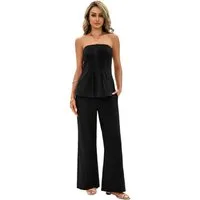 Imily Bela Hausanzug Damen Zweiteilig Schulterfrei Plissierter Oberteil mit weiter Hose (Packung, 2 tlg., 2er-Pack, Top+Hose) in Unifarbe aus Baumwolle