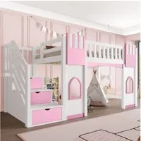 Flieks Etagenbett, Hochbett Fenster-Design 90x200cm mit Rausfallschutz und Stauraumtreppe