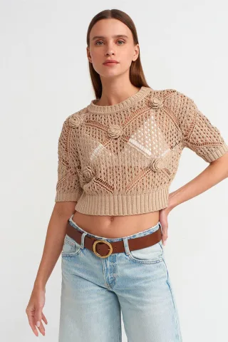 Damen Strukturierter Kurzpullover mit Rundhalsausschnitt
