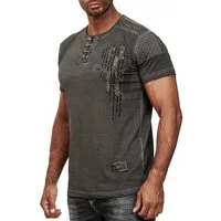 R-NEAL T-Shirt T-Shirt Verwaschen mit Knopfleiste und Seitlichem Aufdruck S - 4XL