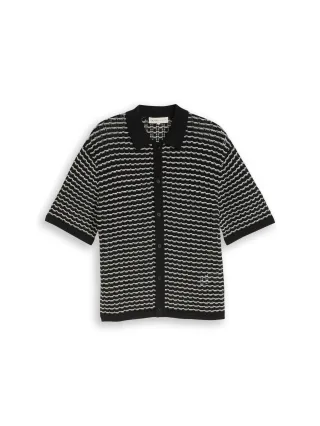 Denim Tom Tailor - Strick-Poloshirt mit Lochmuster black white structure - Gr. - L