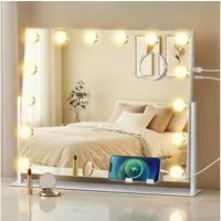 SONGMICS Schminkspiegel mit Beleuchtung, Kosmetikspiegel Touch-Steuerung, dimmbar, Handyhalter, mit 14 LED-Glühbirnen, mit USB-A und USB-C, 50 x 42 cm