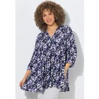 Ulla Popken Longbluse Bluse Blüten Godetfalten A-Linie V-Ausschnitt