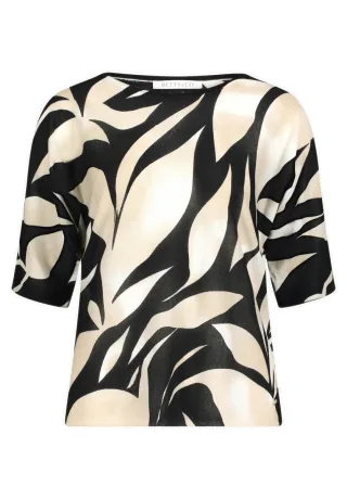Betty & Co - Kurz geschnittener Pullover mit grafischem Allover-Muster beige/blau - Gr. - 36