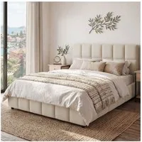 tectake Polsterbett elegantes bett mit samtbezug und lattenrost 120x200 cm (Polsterbett günstig Shirley, in Samtoptik Sand), solide holz- und stahlbasis für 250 kg belastbarkeit