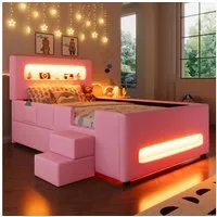 Merax Polsterbett 90x200cm Plattformbett mit LED-Lichtleisten (Jugendbett Einzelbett, 1-tlg), Kinderbett mit Treppe, Schublade, Stauraum & Taschen, Kunstleder