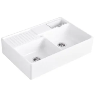Villeroy und Boch Spülstein Doppelbecken 632391KG Ablaufgarnitur, Handbetätigung, Resteschale, Snow White