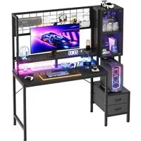 Furnicopia Gamingtisch Gamingtisch Computertisch, Schreibtisch 120/140cm mit LED-Beleuchtung (E-Sport-Tisch Typ I/L mit Monitorhalterung, 2 Schubladen + Glasvitrine, Steckdosen und USB-Anschlüssen, ergonomischer Computertisch, geeignet für Gaming und