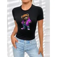RMK Print-Shirt Damen Shirt kurzarm Rundhalsshirt coolen "Lederjacke Teddy Bär" aus 100% Baumwolle