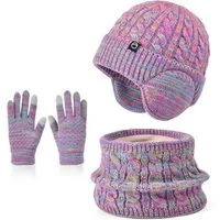 Coonoor Mütze & Schal Kinder-Wintermütze, Schal und Handschuhe, warme Thermo-Strickmütze (mit Ohrenschützern), Halswärmer, Touchscreen-Handschuh