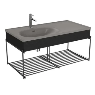 VitrA Equal Möbelwaschtisch-Set 66060 102,5x52cm, Möbelwaschtisch asymmetrisch, steingrau matt, mit Holzblende schwarz-eiche