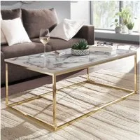 FINEBUY Couchtisch FB36840 100 cm rechteckig Marmor Optik Weiß / Gold Wohnzimmertisch (100x60x40 cm, Sofatisch mit Marmor Optik Weiß), Wohnzimmertisch Kaffeetisch mit Metall-Gestell