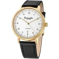 Eichmüller Automatikuhr Herrenuhr, IP-vergoldet, Weißes Zifferblatt, RE7000, Schwarzes Lederarmband, 42 mm