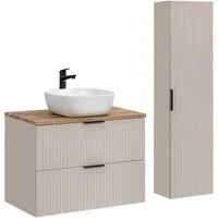 Lomadox Badmöbel-Set ADELAIDE-56-CASHMERE, (Spar-Set, 2-St., Waschtisch Hochschrank Keramikwaschbecken), 80cm Waschtisch, kaschmir und Eiche mit gerillter Front