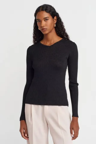 Damen Slim Fit V-Ausschnitt Rippstrickpullover