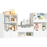 Homfa Sitzbank Kinderregal mit 3 Schubladen auf Räder 183x94x29,8 cm, Spielzeugregal mit 7 offenen Fächern Spielzeugtruhe weiß