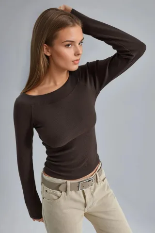 Schlanke Passform Ripp-Boots-Ausschnitt Bluse