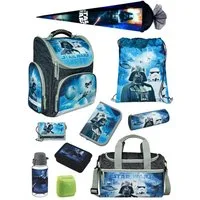 Familando Schulranzen Clou Star Wars Schultasche, Darth Vader, blau, ab 1. Klasse (Komplett-Set, 10-tlg., mit Lunch-Set, Sporttasche und Schultüte 85 cm), kompakt, mit 2- Wege Reißverschluss