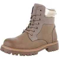 Ital-Design Damen Schnürschuhe Freizeit Stiefelette (87531889) Blockabsatz Schnürstiefeletten in Hellbraun