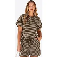 Imily Bela Hausanzug Damen Sommer 2-teiliges Set Casual Lounge (Set, 1 tlg., 2er-Pack, gestreiftes T-Shirt+Shorts mit Kordelzug) gestreift mit Kordelzug und innenliegendem Gummizug