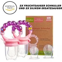 BabyHerz Schnuller Baby Fruchtsauger Schnuller für Obst und Gemüse - 2x Rasselschnuller, Zwei Fruchtsauger + Ersatz – spielerisch, sicher & BPA-frei genießen
