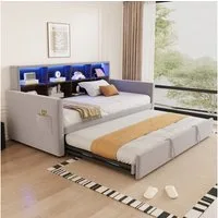 Flieks Daybett, LED Polsterbett 90/180x190cm mit Ausziehbett, Staufächern und Aufladen