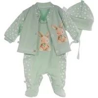 La Bortini Strampler Baby Set Stramplerhose Hemdchen Mütze Anzug in Mintgrün mit Hasen aus reiner Baumwolle, 44 50 56 62 68 74 Erstlingsausstattung
