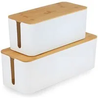 addhome Kabelbox 2er Kabelbox Set Weiß & Bambus Boxen in 40,5x15,5cm & 32x13,5cm inkl., Kabelmanagement Set inkl. Bambusdeckel, Klettbinder & Gummifüße