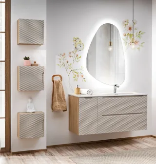 Badmöbel Set 6-tlg Badezimmerset LAXY Eiche Beige Regal links inkl. Waschtisch