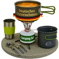 Coemo Geschirr-Set, Metall, Campingkocher mit Besteck, Töpfen, Becher Grün